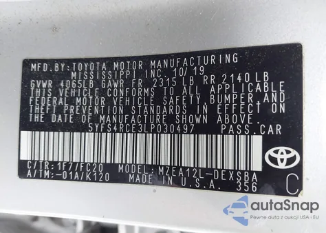 2020 Toyota Corolla Se from USA, damaged, VIN 5YFS4RCE3LP030497